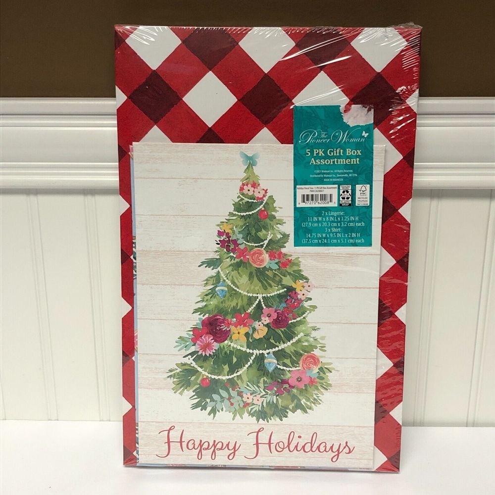 Pioneer Woman Christmas Tree Gift Boxes Holiday Kitchen Utensils Gingham Red 5pk